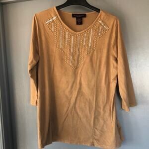 Isabel Hayley Size L Tan Pullover Top Studded Southwestern Western 3/4 Sleeves